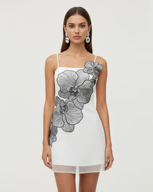 Orchid Appliqué Mini Dress - White/Silver