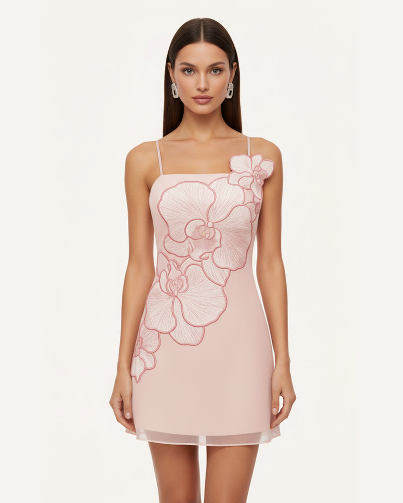 Orchid Appliqué Mini Dress - Blush Pink