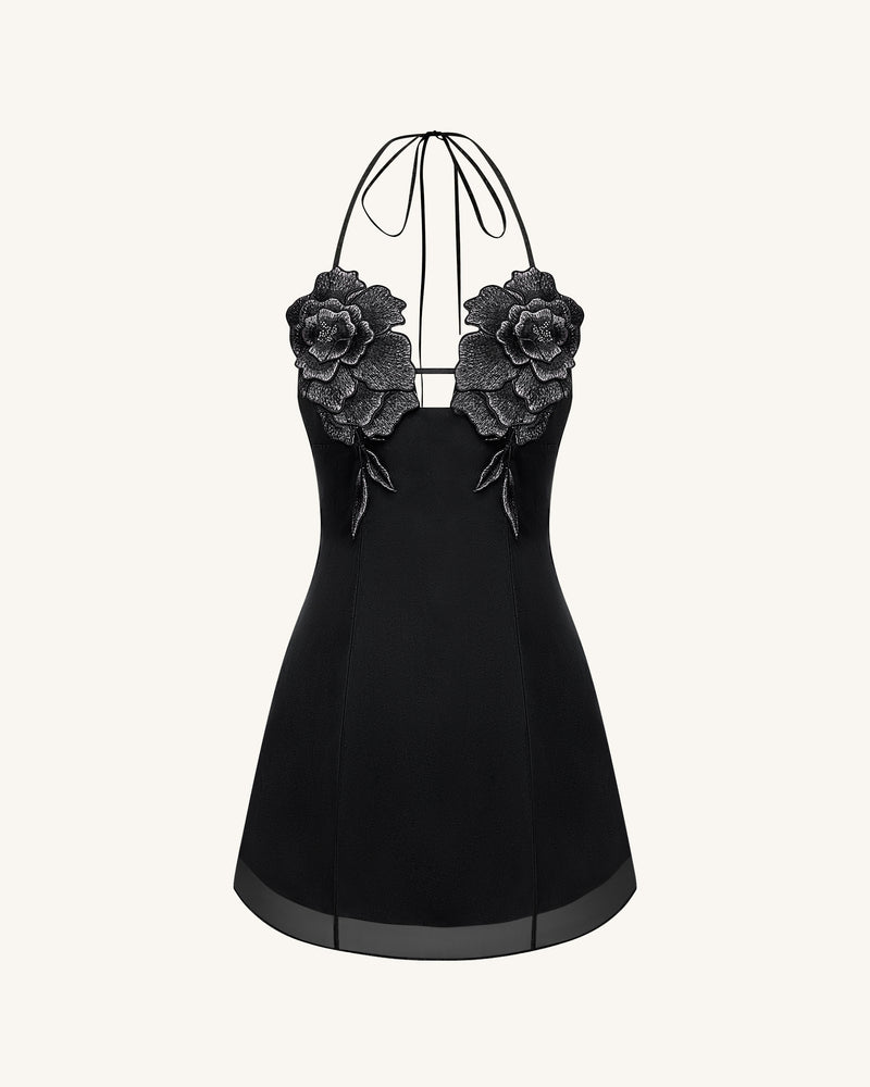 Flower Embroidered Mini Dress - Black