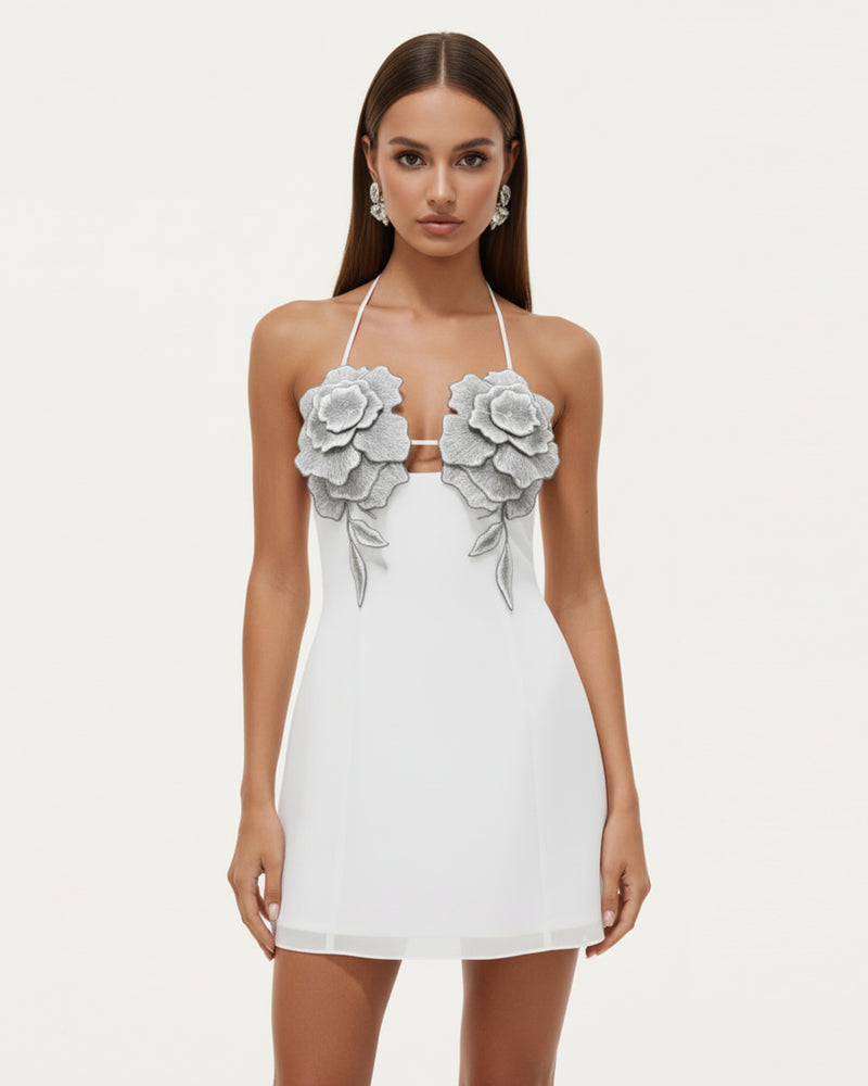 Flower Embroidered Mini Dress - White