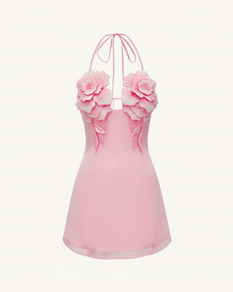 Flower Embroidered Mini Dress - Pink