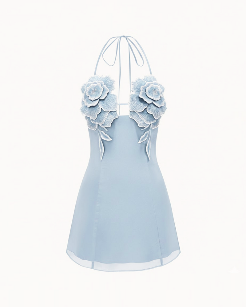 Flower Embroidered Mini Dress - Blue