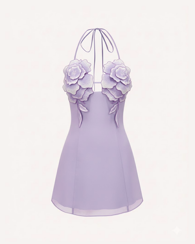 Flower Embroidered Mini Dress - Lavender