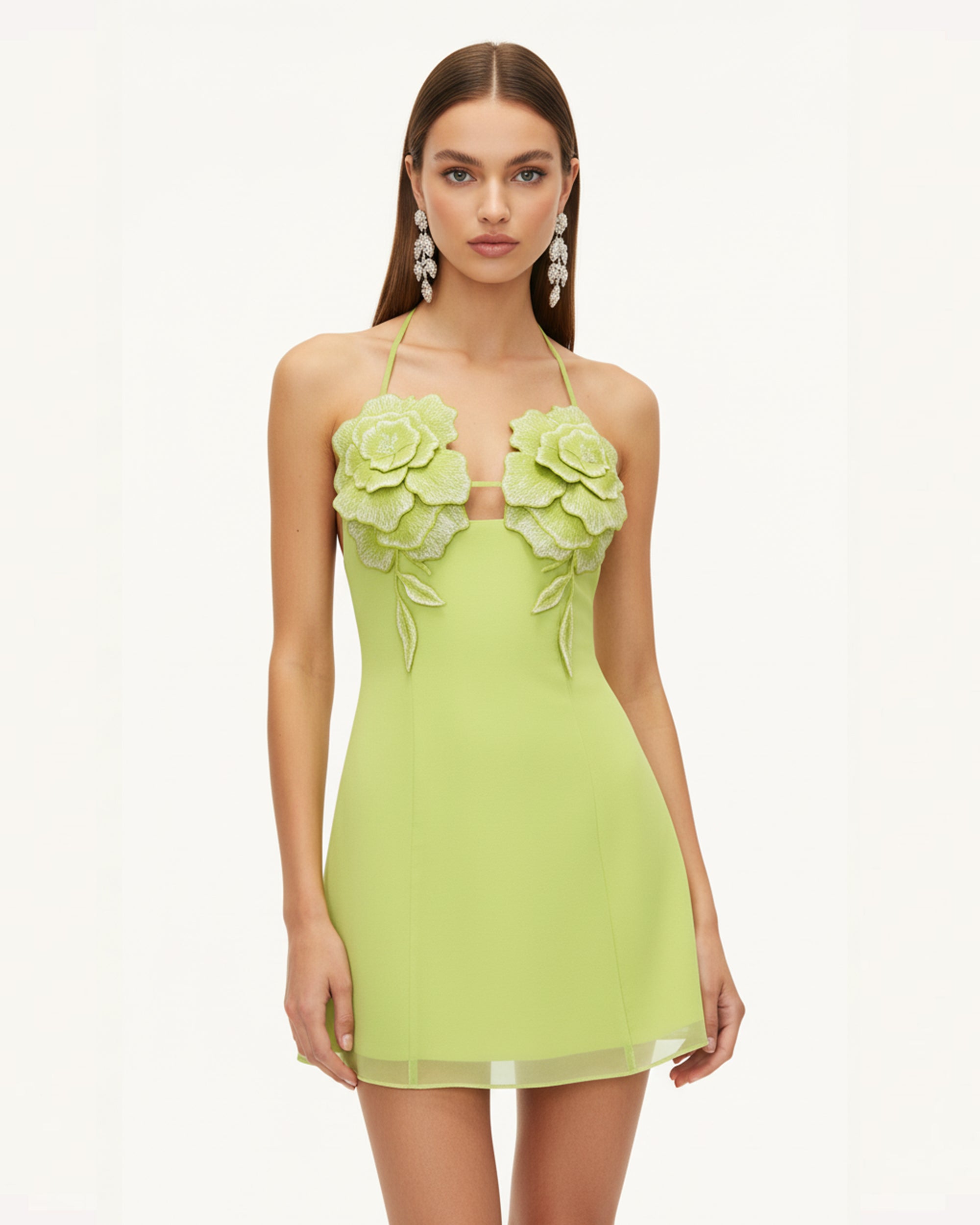 Flower Embroidered Mini Dress - Green