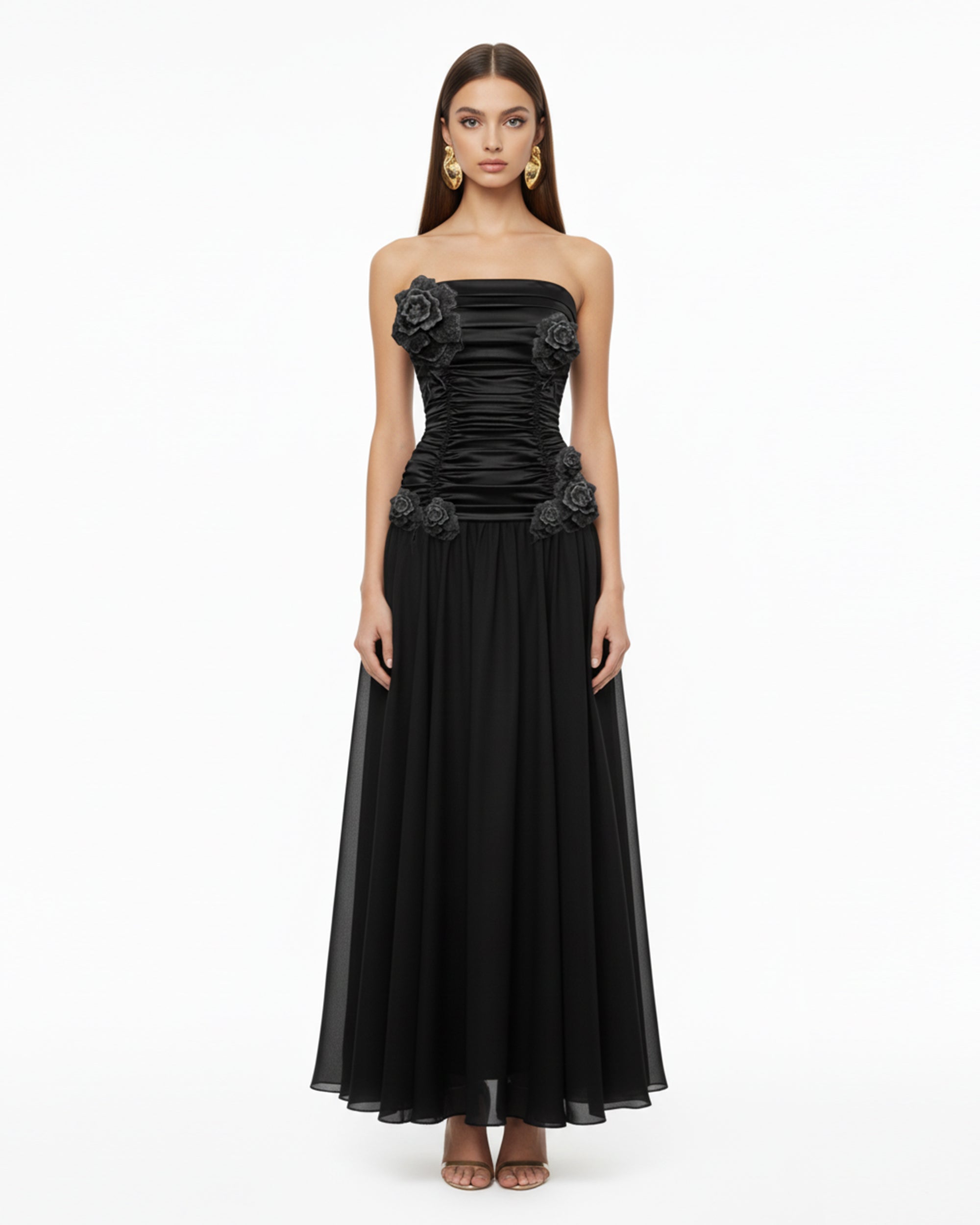 3D Floral Strapless Maxi Dress - Black