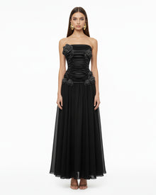3D Floral Strapless Maxi Dress - Black