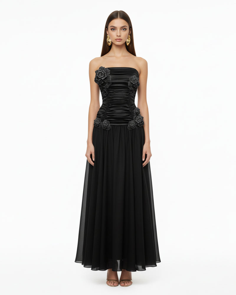 3D Floral Strapless Maxi Dress - Black