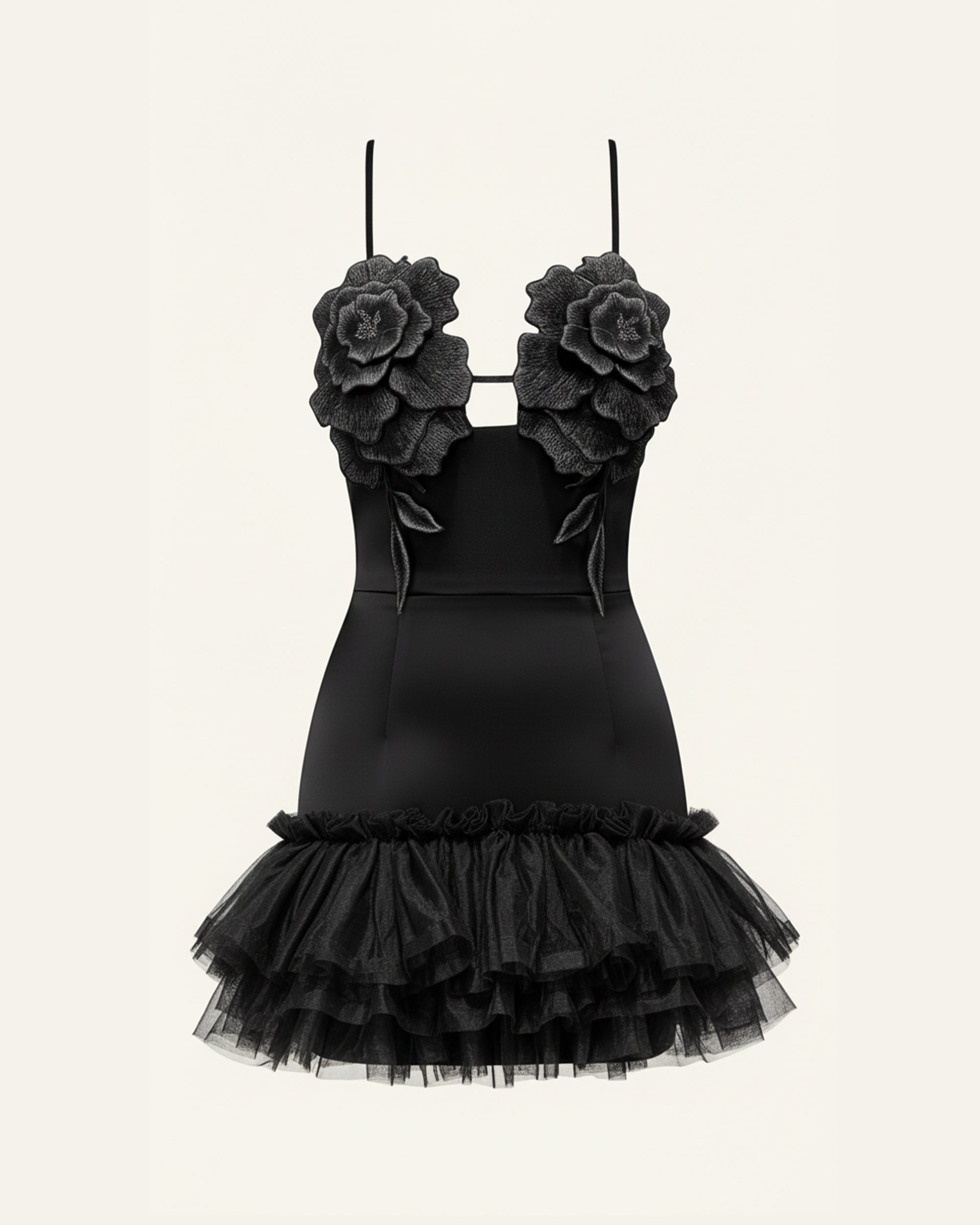 3D Floral Strappy Tulle Mini Dress - Black