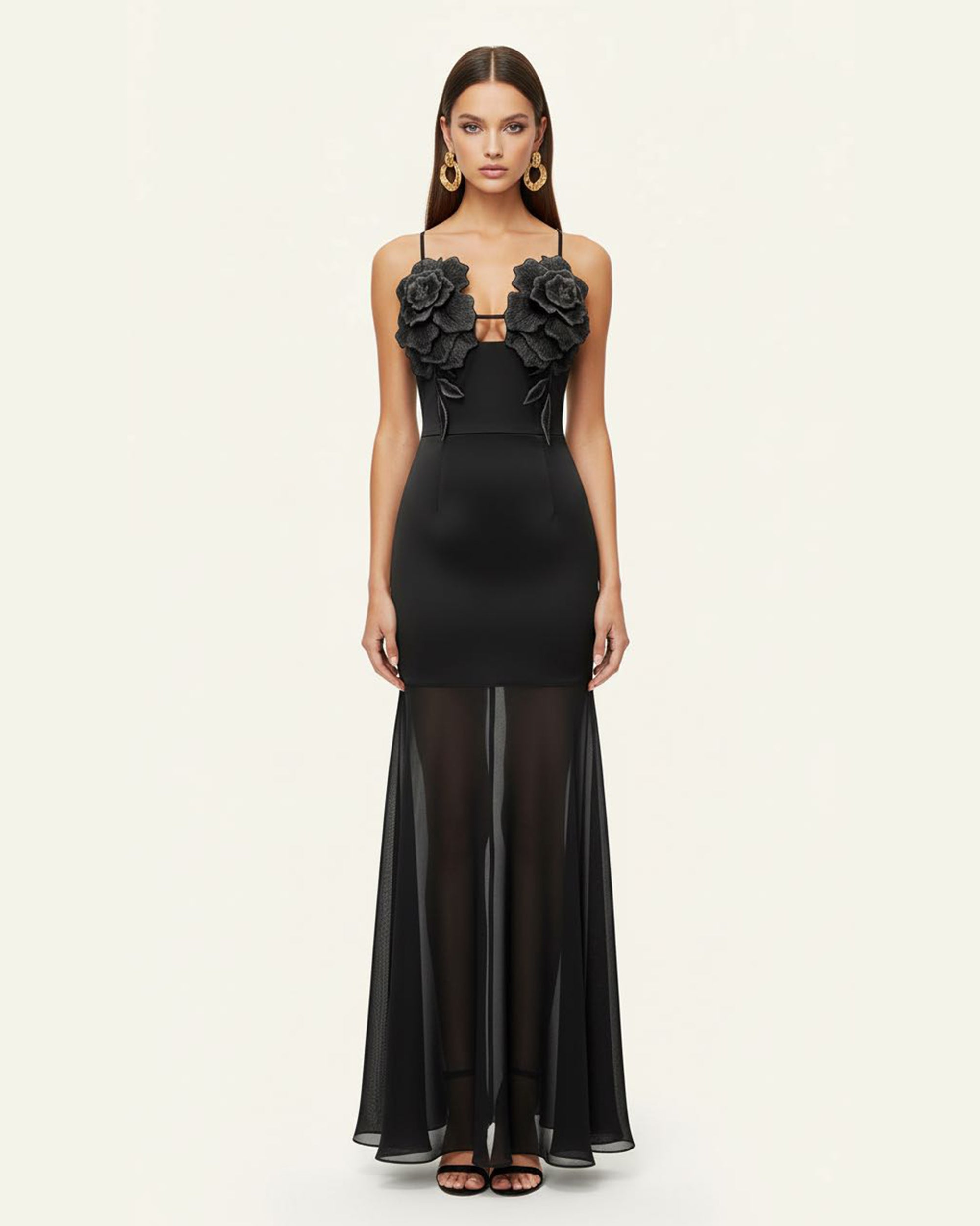 3D Floral Strappy Mesh Maxi Dress - Black