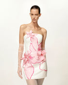 Mini Dress with Pink Floral Appliqués - White/Pink