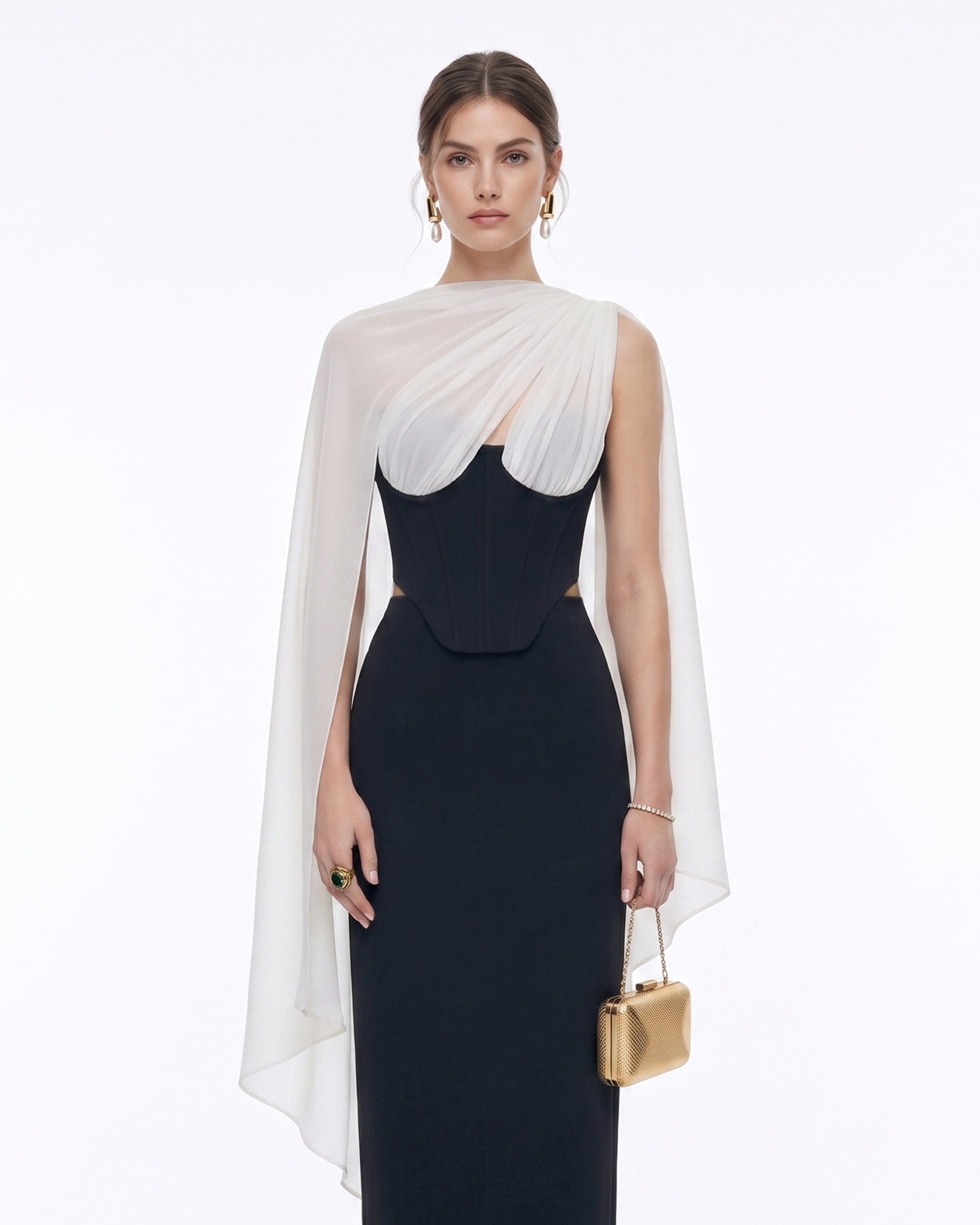 Strapless Corset Sheer Cape Top - Black & White
