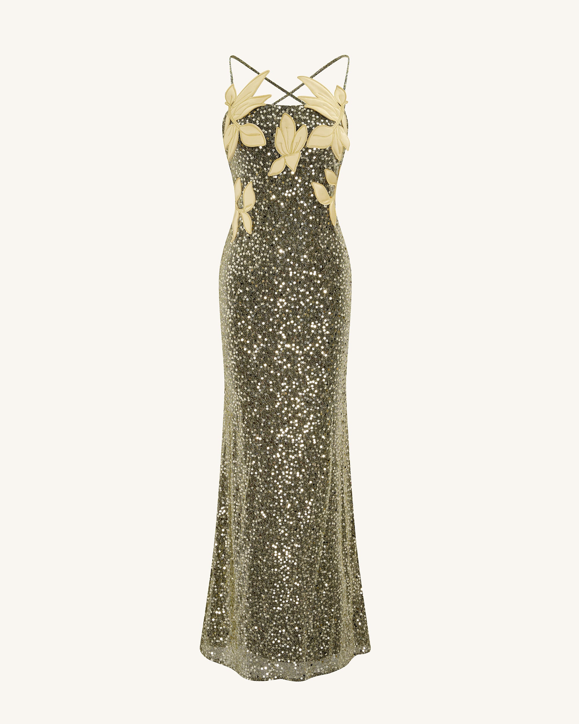 Araminta Sequined Gown with Floral Details - Gold