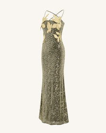 Araminta Sequined Gown with Floral Details - Gold