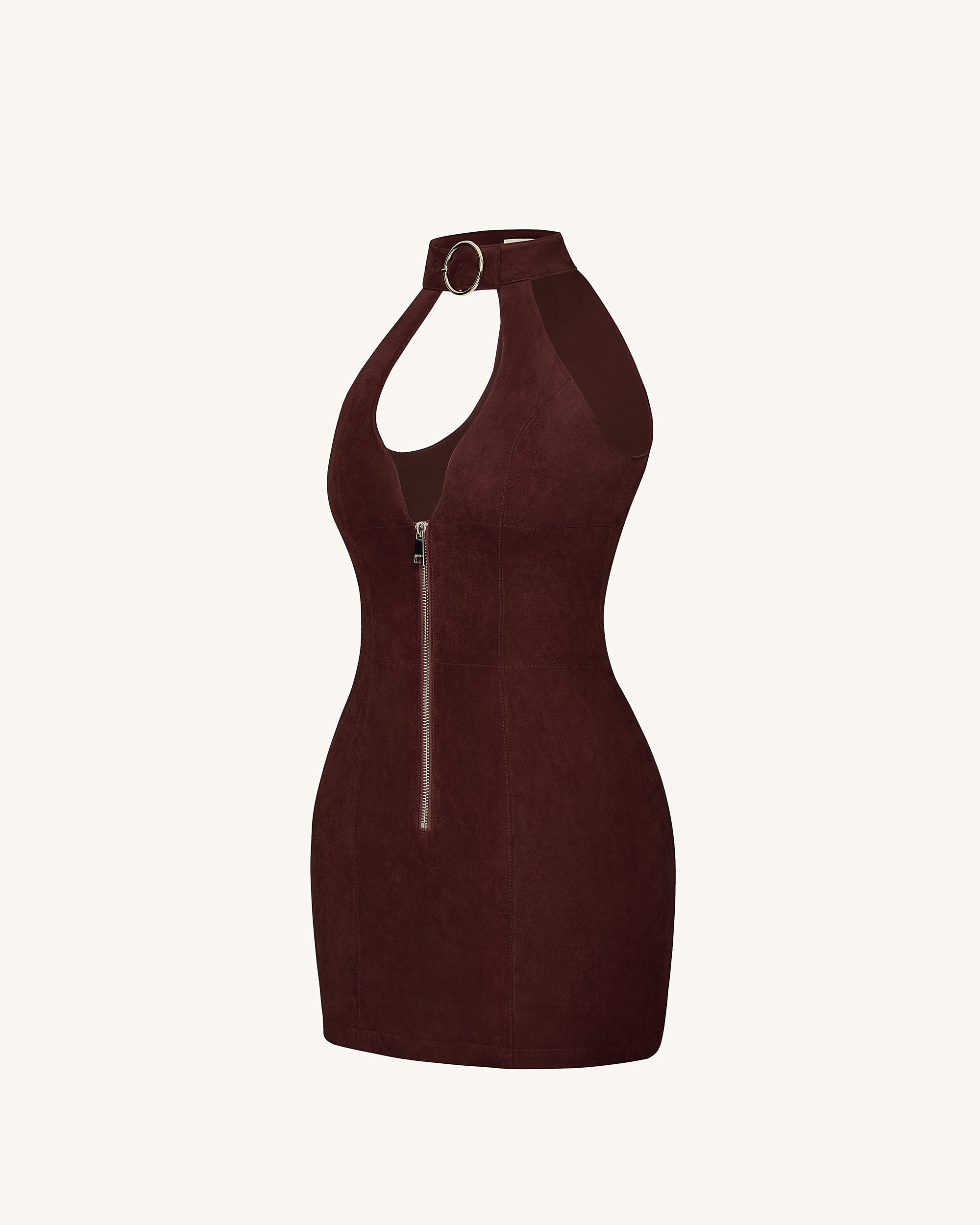 Ruby Halter Neck Zipper Mini Dress - Coffee Red