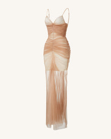 Piper Draped Mesh Evening Gown - Cinnamon