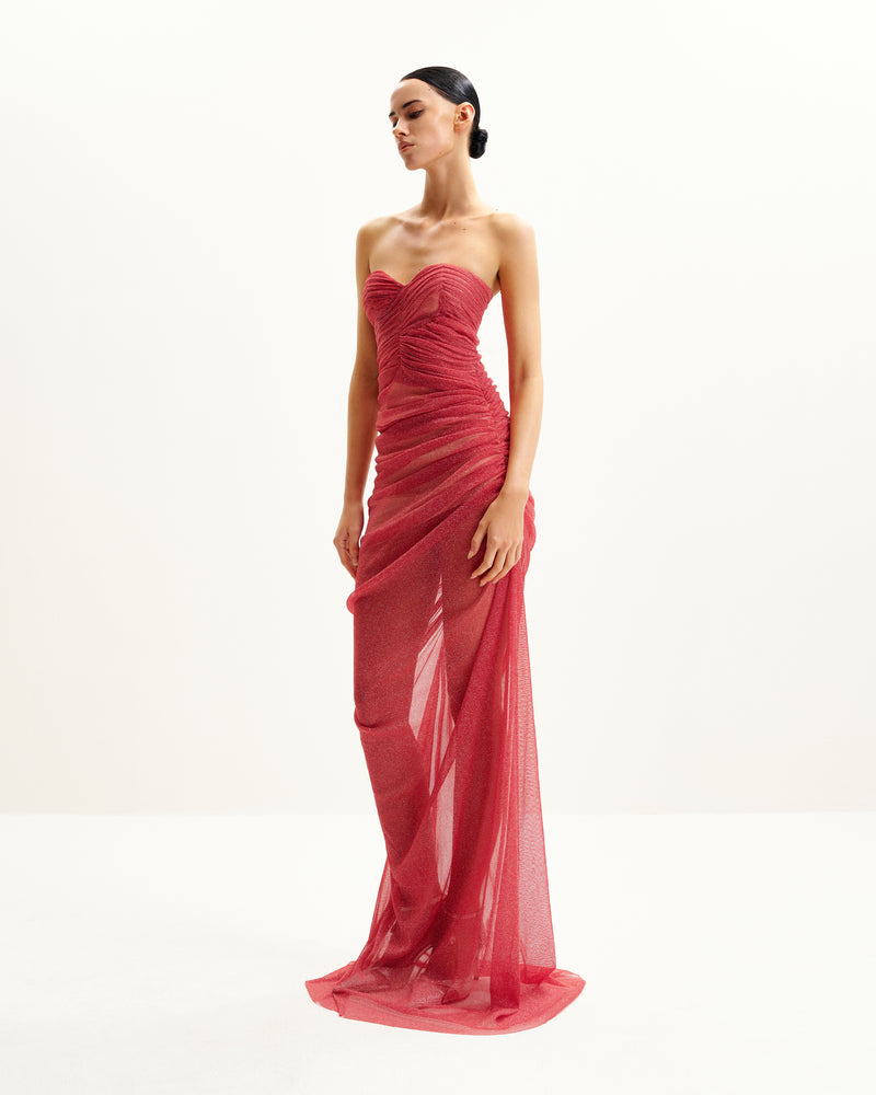 Mia Strapless Sheer Glitter Gown - Scarlet