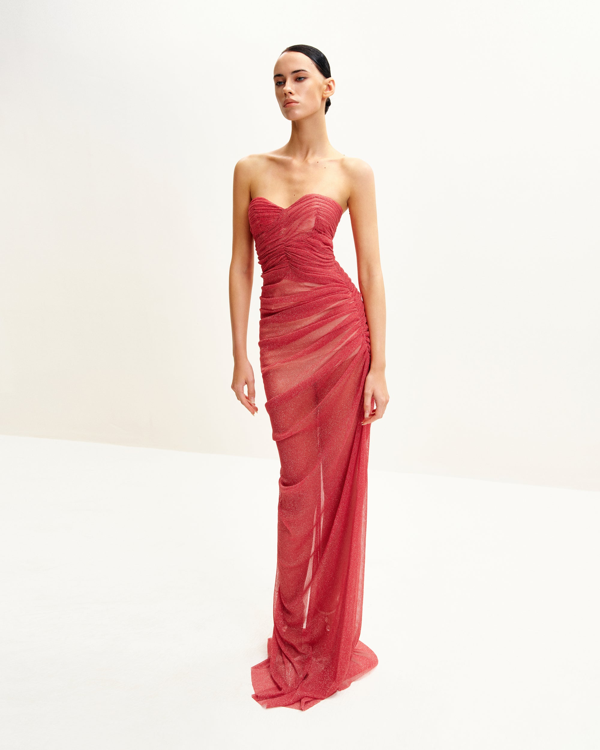Mia Strapless Sheer Glitter Gown - Scarlet | JW PEI Mia Strapless Sheer Glitter Gown - Scarlet | JW PEI