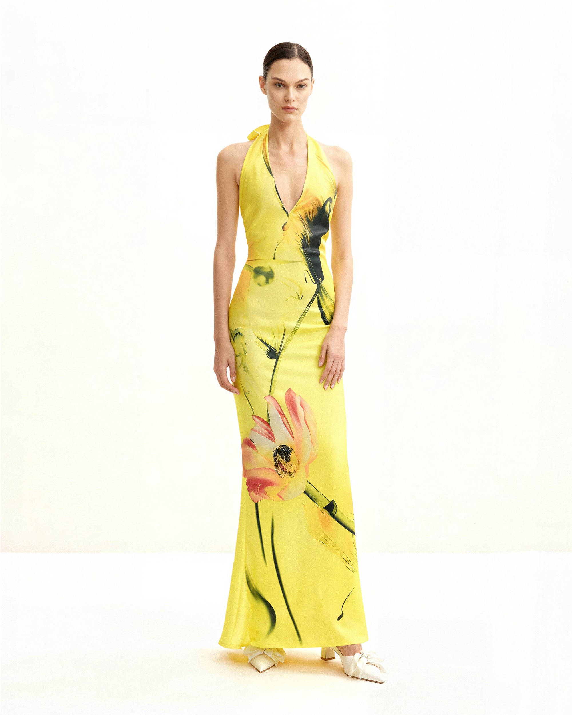 Floral Satin Halter Dress - Yellow/Pink