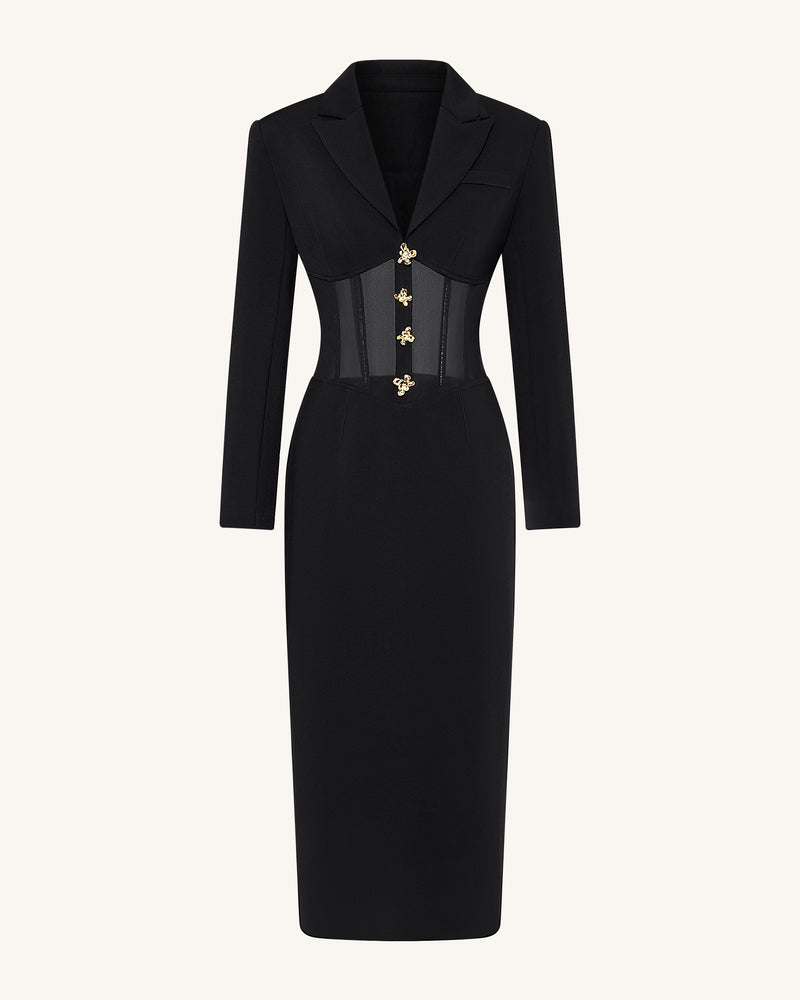 Sheer Boned Corset Waist Blazer Maxi Dress - Black