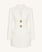 Gold Button Fitted Blazer Dress – White