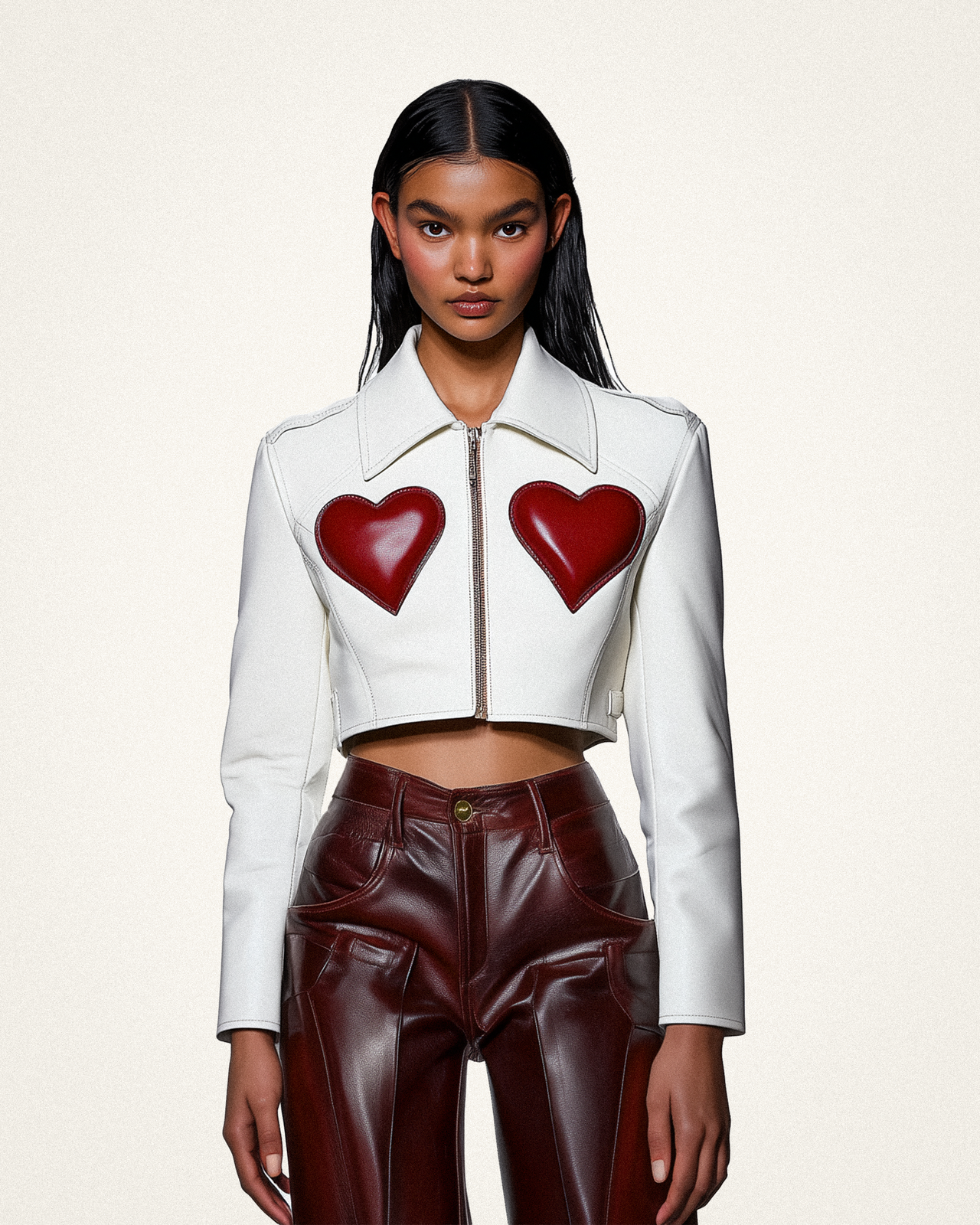 Sophie Cropped Leather Jacket - White & Red