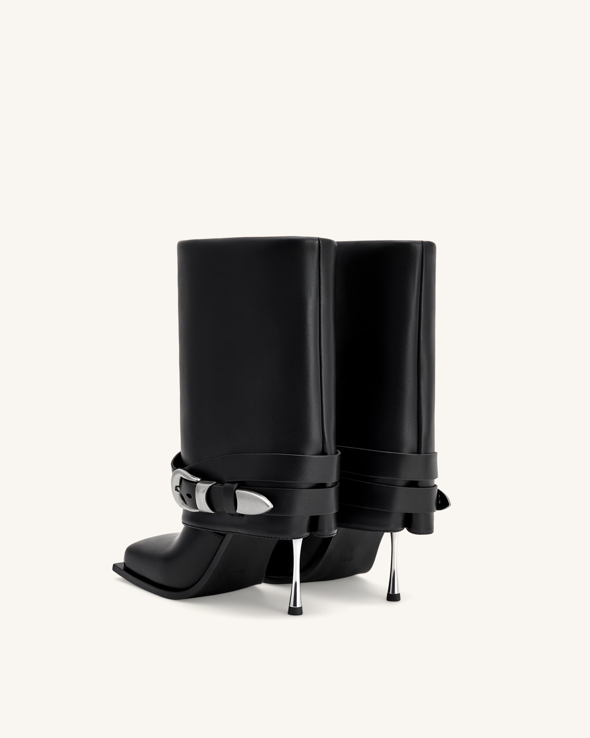 Emilia Western Buckled Leather Stiletto Boots - Black