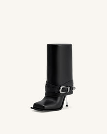 Emilia Western Buckled Leather Stiletto Boots - Black