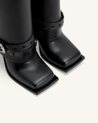 Emilia Western Buckled Leather Stiletto Boots - Black