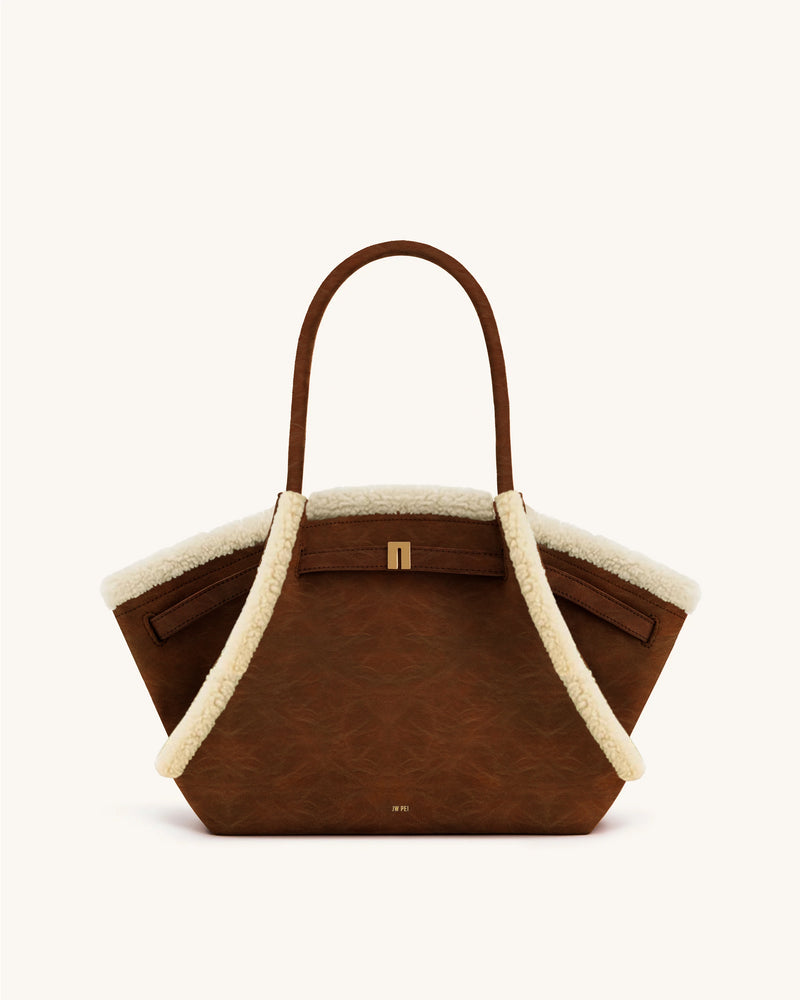 Hana Medium Faux Shearling Trim Tote Bag - Brown