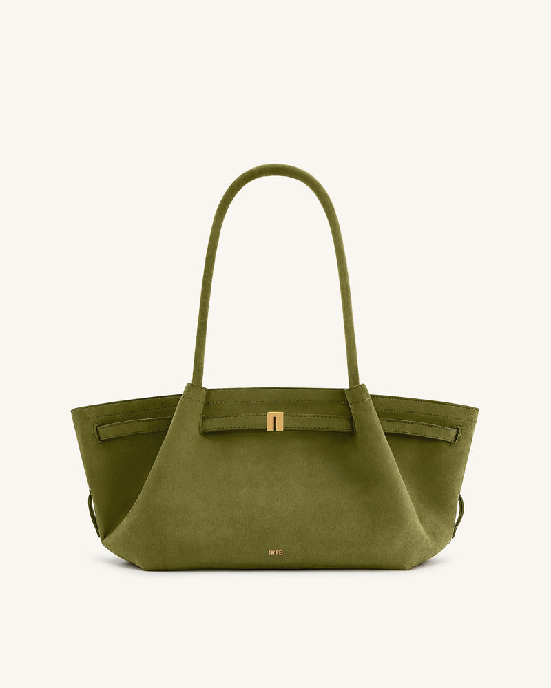 Hana Wide Faux Suede Tote Bag - Olive Green