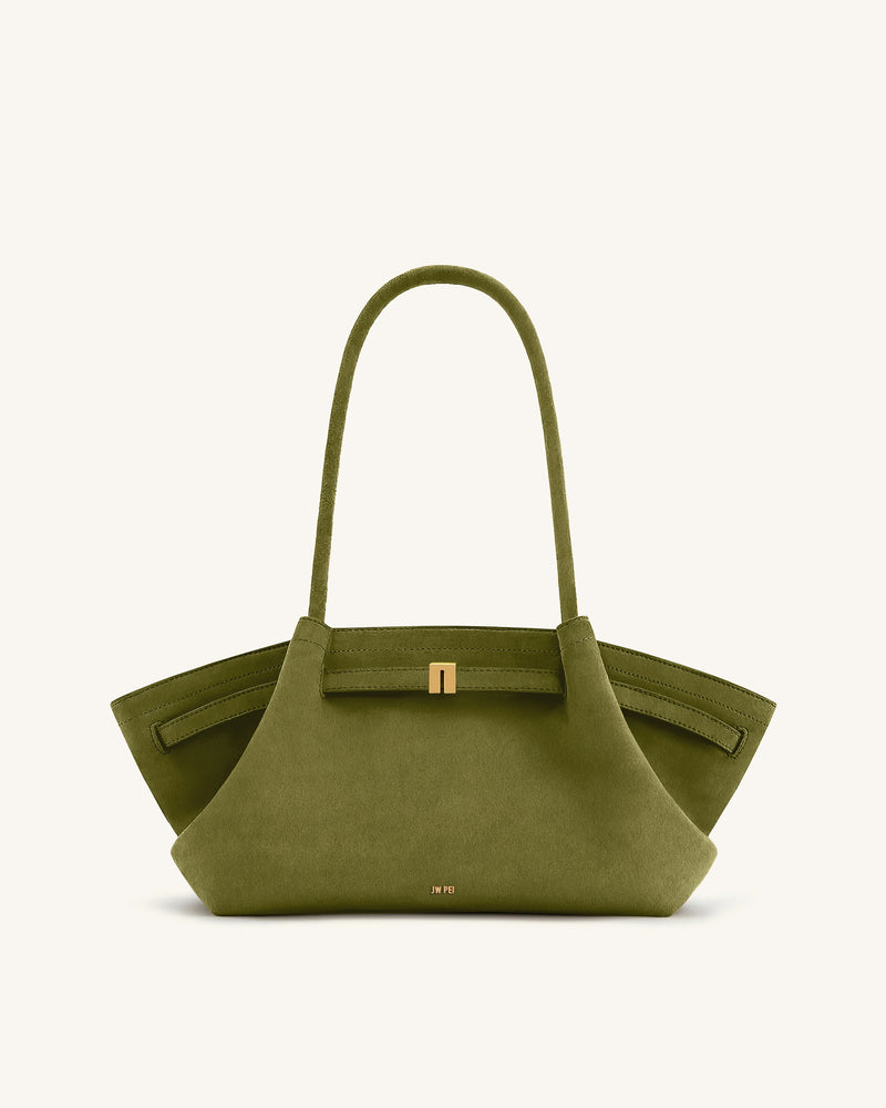 Hana Wide Faux Suede Tote Bag - Olive Green