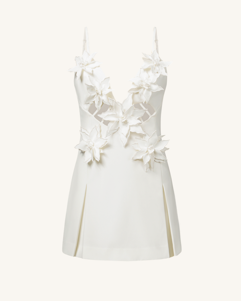 Yuliya White Floral Embellishment V-neckline Mini Dress - White