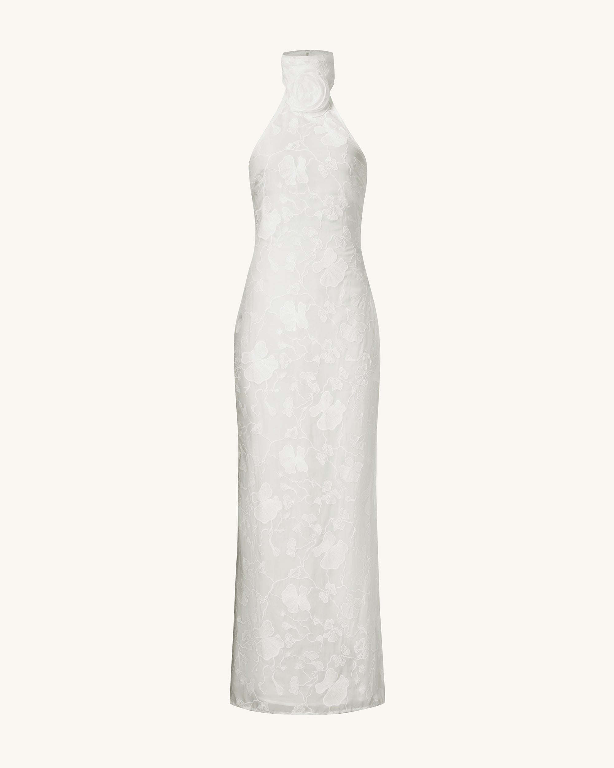 Uliana White Floral Lace Halterneck Maxi Dress