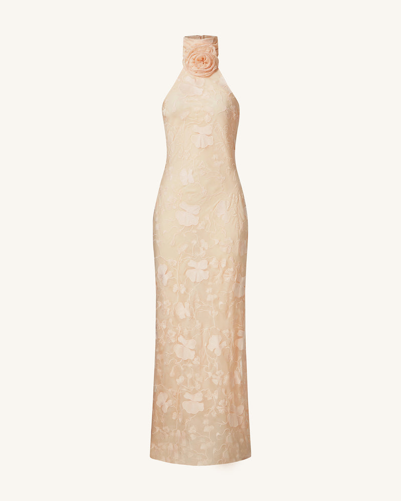 Uliana Pink Beige Floral Lace Halterneck Maxi Dress - Pink Beige