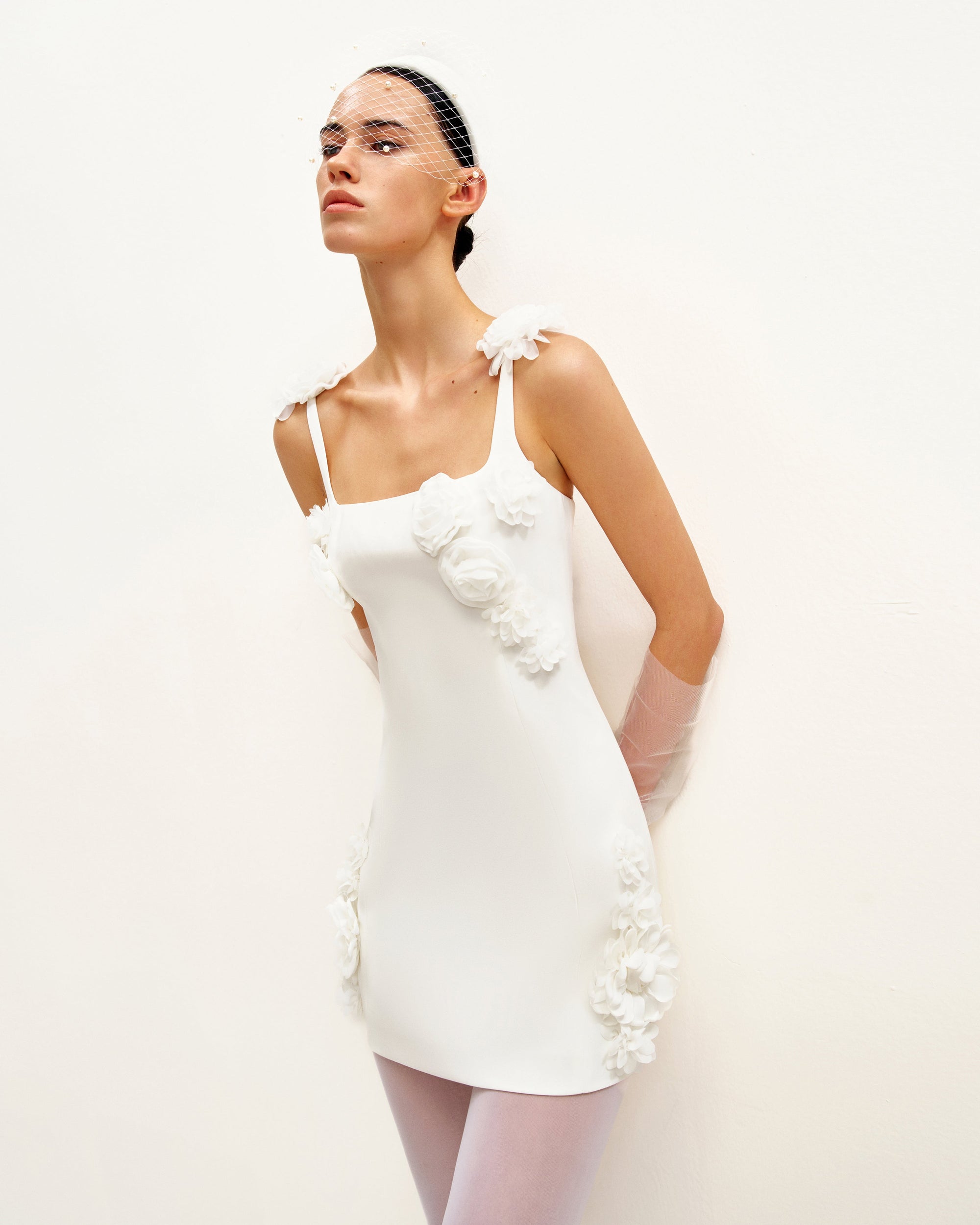 Elaina White Rosette Applique Mini Dress - White