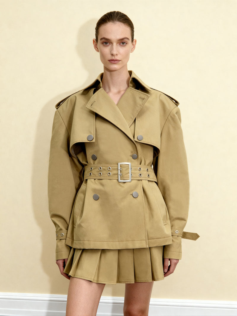 Grommet Belt Drop Shoulder Short Trench Jacket - Khaki