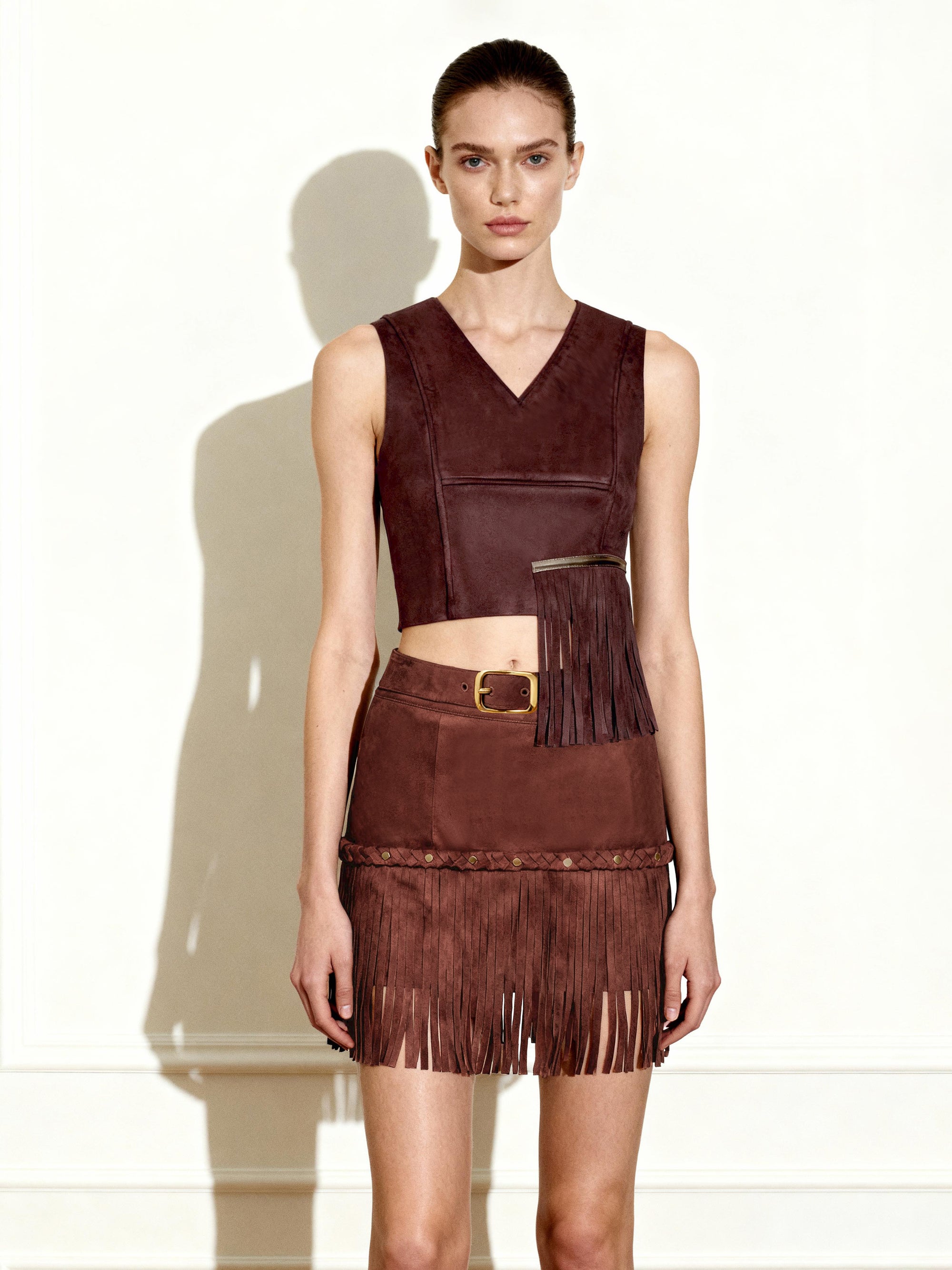Faux Suede V-Neck Fringe Top - Chocolate Brown