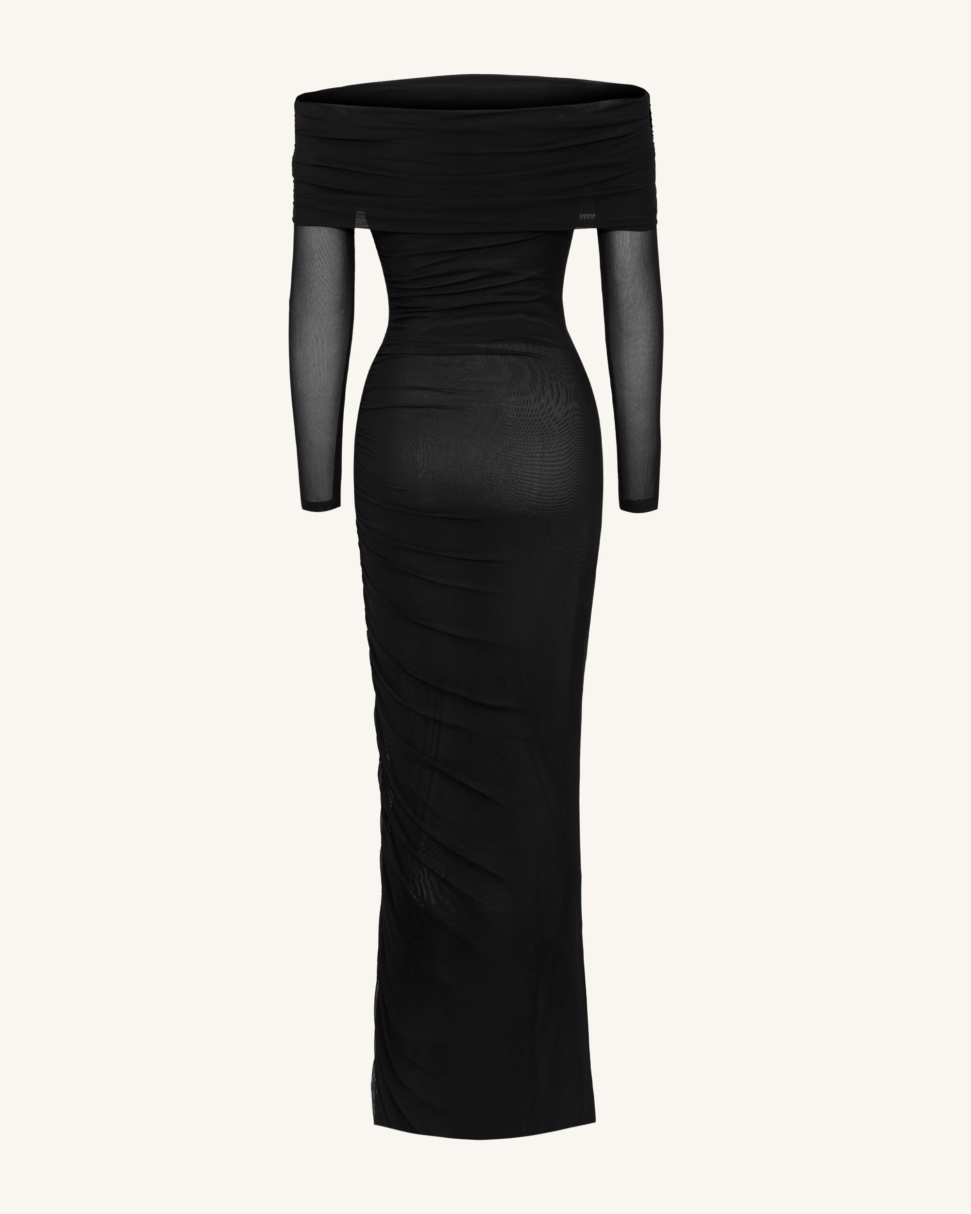 Ruched Off-Shoulder Mesh-Sleeve Mermaid Maxi Dress - Black | JW PEI Ruched Off-Shoulder Mesh-Sleeve Mermaid Maxi Dress - Black | JW PEI