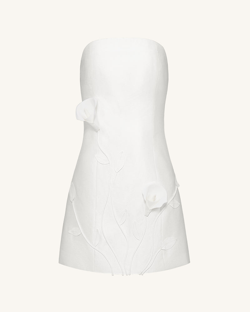 3D Vine Floral Strapless Mini Dress - White