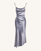 Liquid Satin Cowl-Slit Gown - Silver