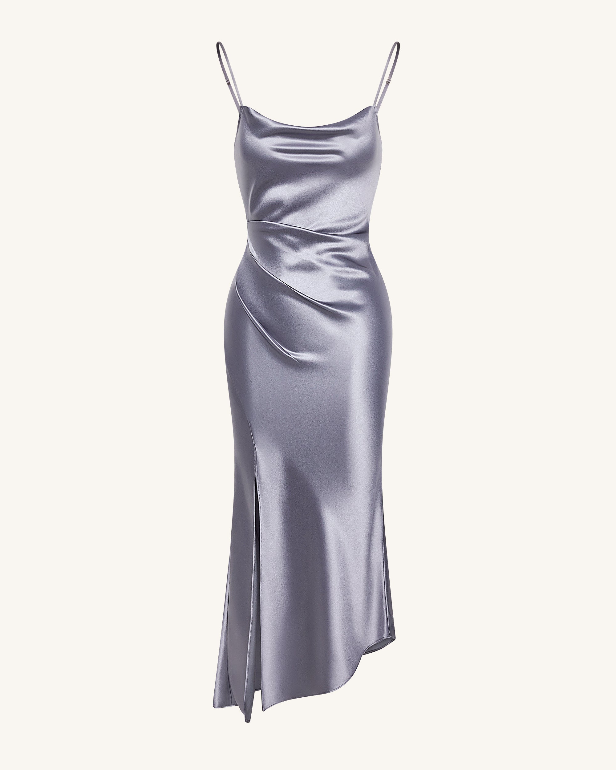 Liquid Satin Cowl-Slit Gown - Silver