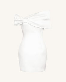 Satin Asymmetric Bow Mini Dress - White