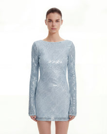 Diagonal Sequin Open-Back Long Sleeve Mini Dress - Blue