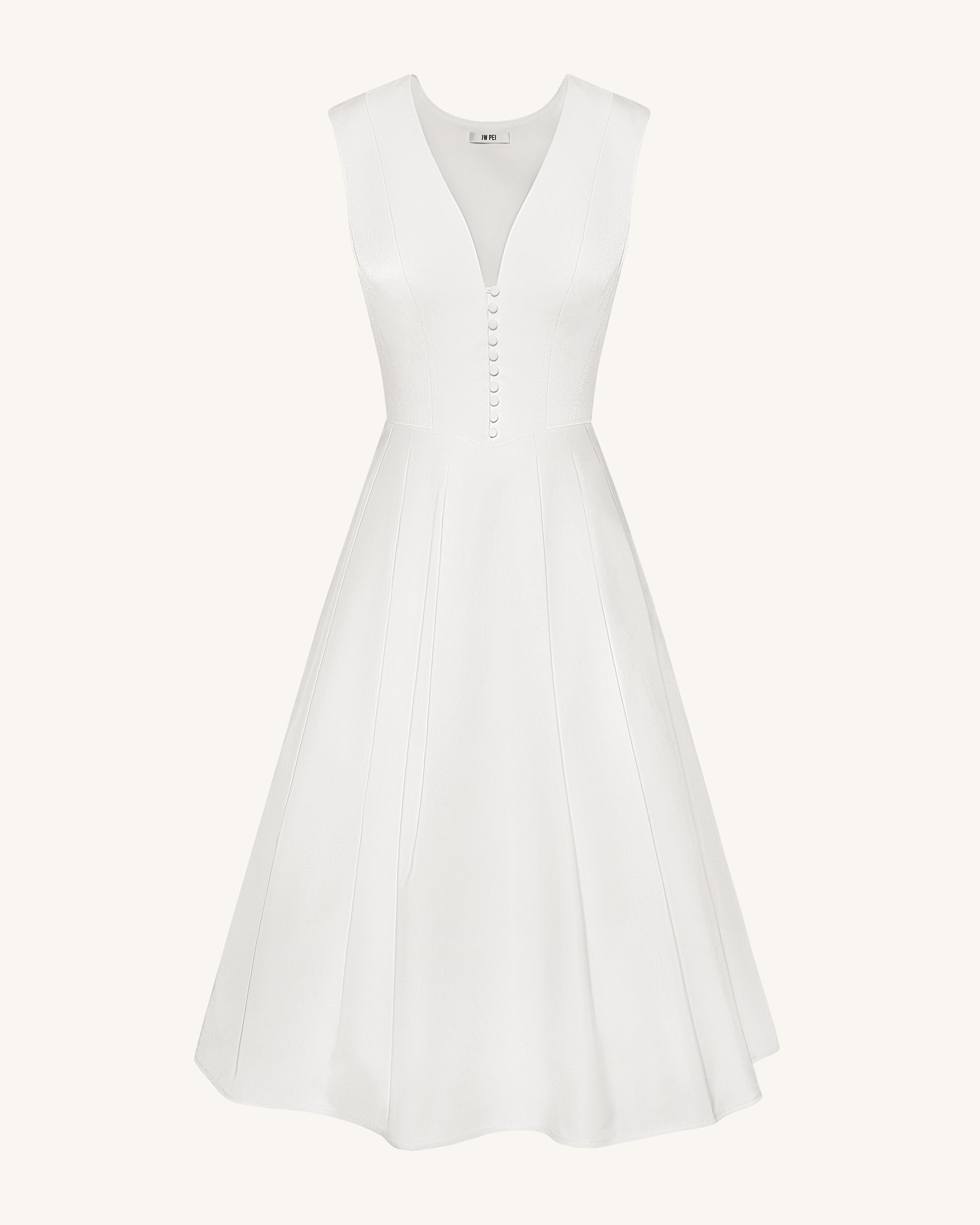 Front V-Neck Pleated Midi Dress - White