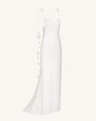 Satin Strappy Maxi Dress with Floral Streamers - White