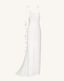 Satin Strappy Maxi Dress with Floral Streamers - White