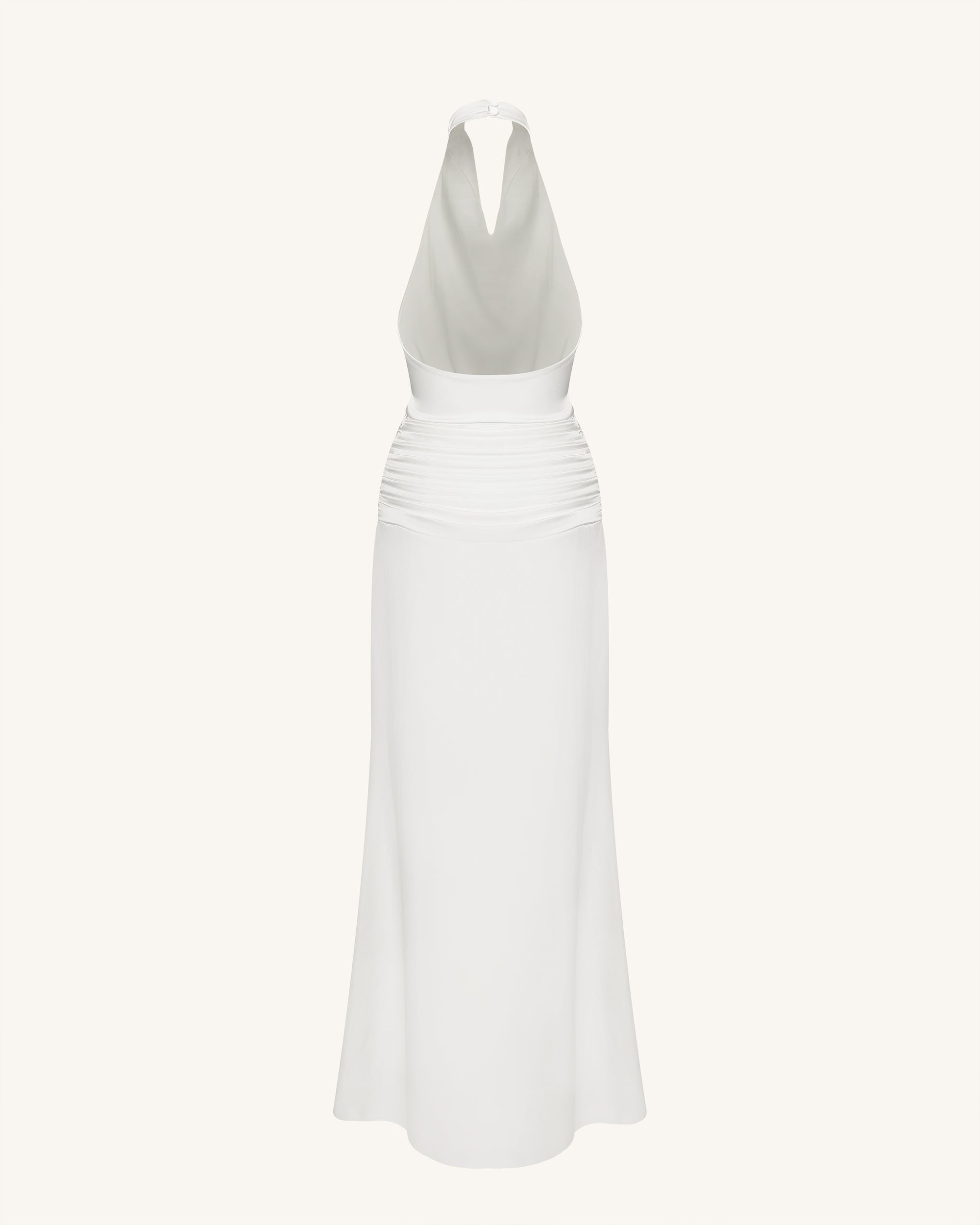 Satin Cowl Neck Ruched Maxi Gown - White