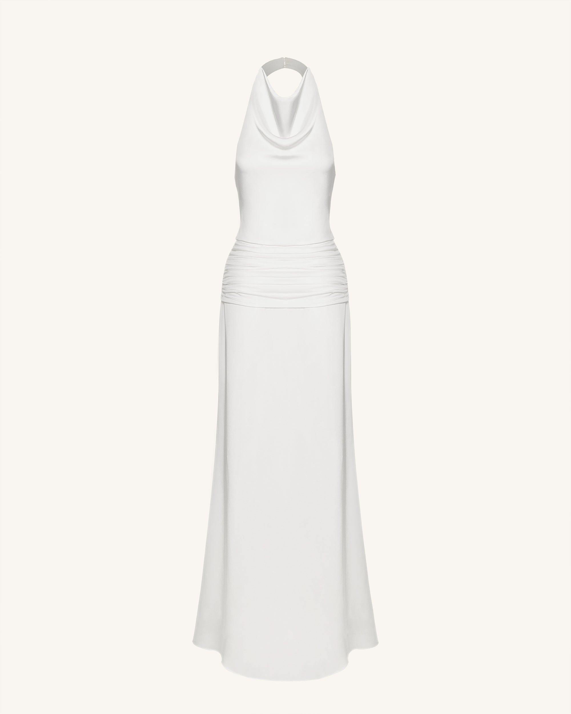 Satin Cowl Neck Ruched Maxi Gown - White