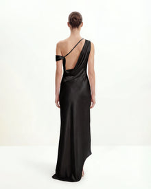 Satin Draped One-Shoulder Asymmetric Dress - Black