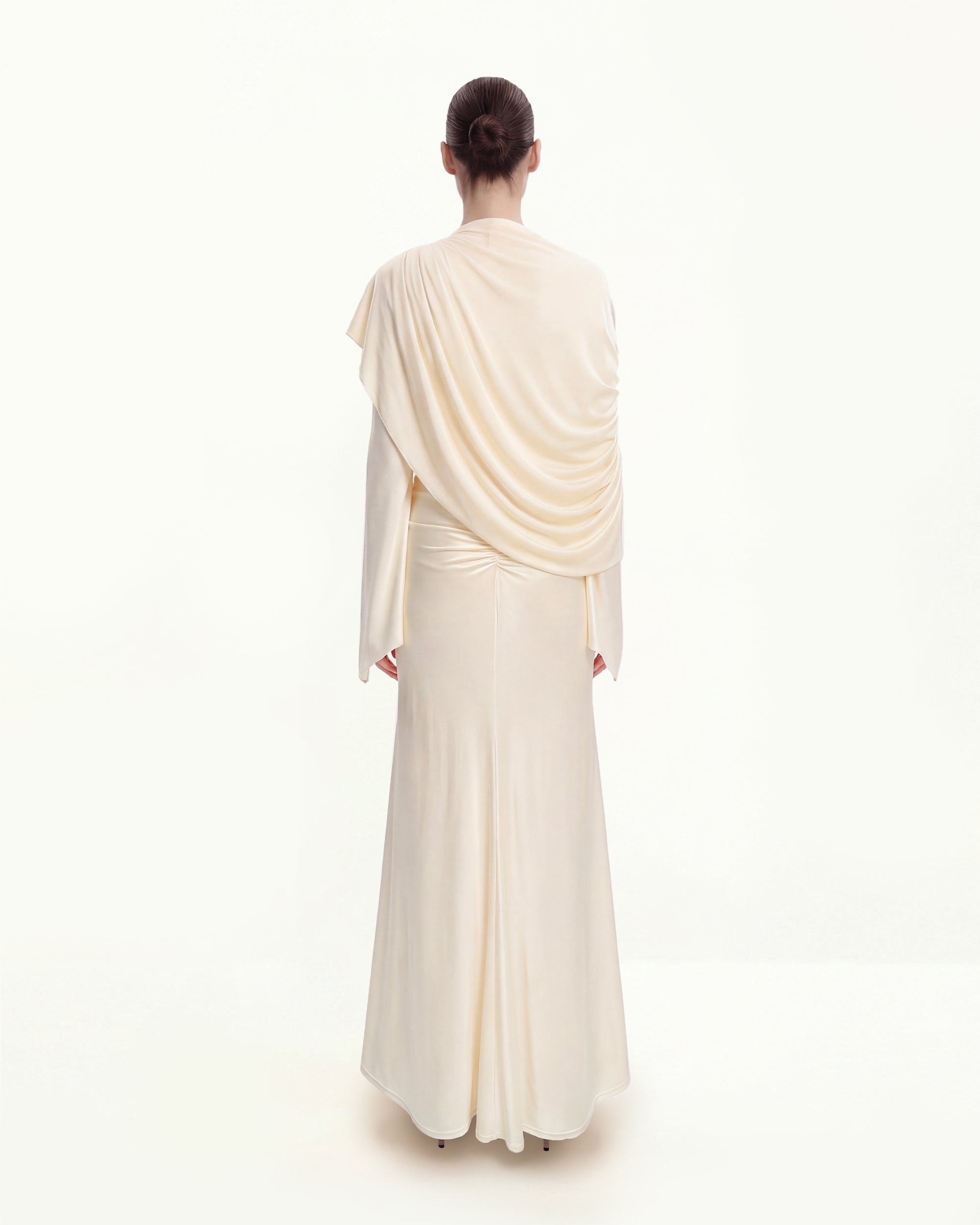 Sheer Shawl Ruched Bodycon Maxi Gown - Cream